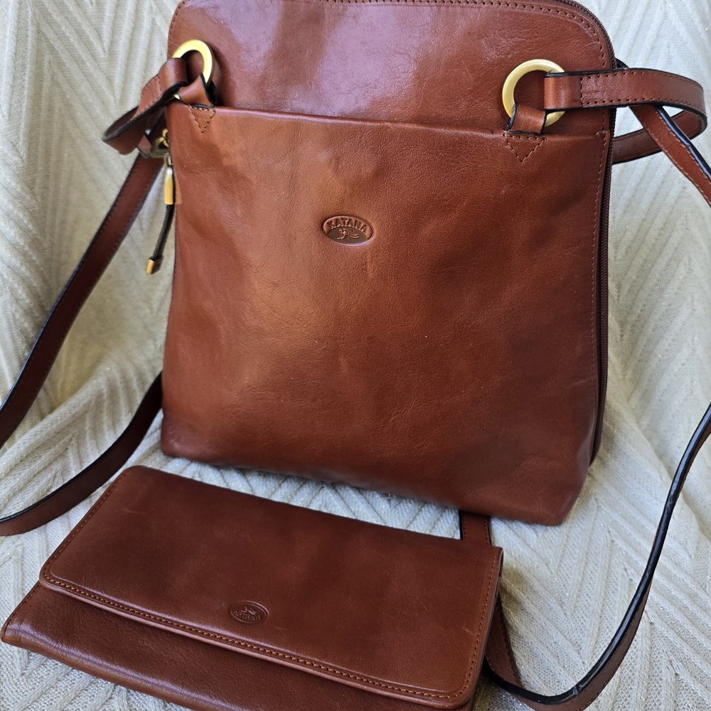 Brown Leather Crossbody Bag and Wallet Set